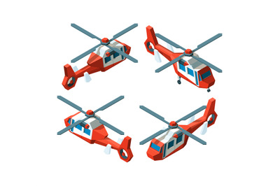 Helicopter isometric. Low poly avia transport different point views ve