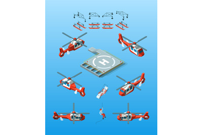 Helipads. Helicopter isometric vector civil aviation set urban transpo