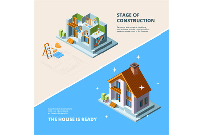 House construction. Repair roof renovation building vector isometric p