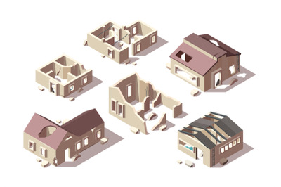 Abandoned buildings. Isometric broken houses city ruined objects vecto