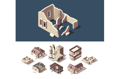 Broken houses. Isometric set of abandoned buildings real estate broken