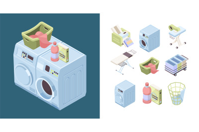 Laundry service. Powder detergent iron soap towel cleaning isometric w