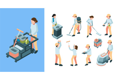 Cleaning industry isometric. Industrial cleaning service workers equip