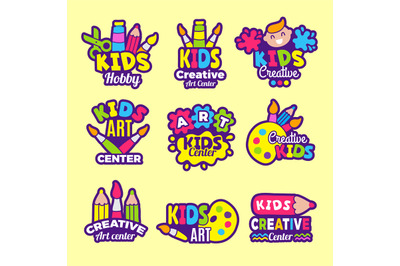 Creativity kids logo. Craft emblems or badges children paintings art c