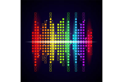 Music waves background. Colored equalizer shapes sound voice visualiza