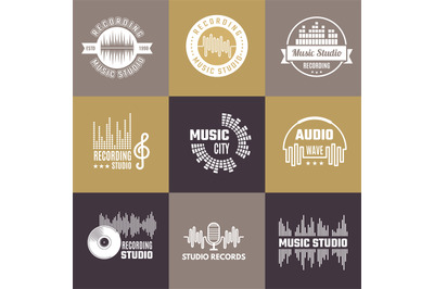 Musical logo. Audio studio badges sound waves shapes vector template s