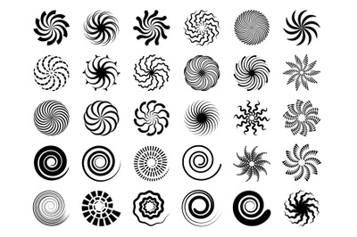 Radial swirles. Hypnotic black shapes round symbols vector collection