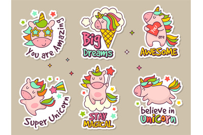 Unicorn badges. Fashion labels set or stickers with fairytale characte
