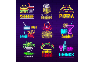 Food neon icon. Beer drinks light advertising emblem pizza craft produ