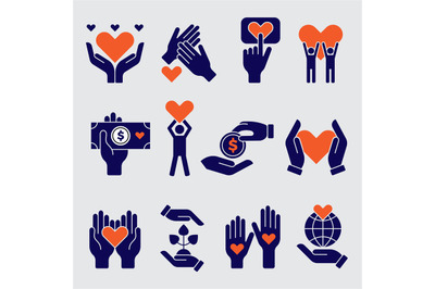 Volunteers icon. Hands hearts donation charity natural symbols of good