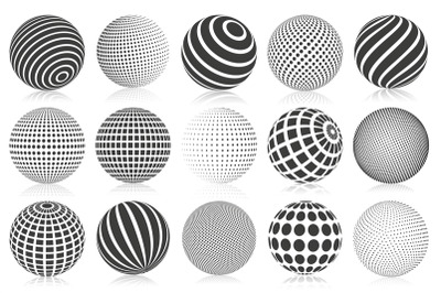 Dotted halftone 3d sphere. Striped, dotted and checkered 3d spheres, a