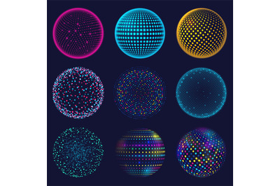 Dotted neon 3d sphere. Abstract atomic dotted spheres, 3d grid glowing