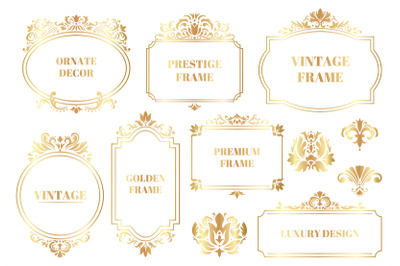 Damask ornamental frames. Antique baroque floral golden border frames