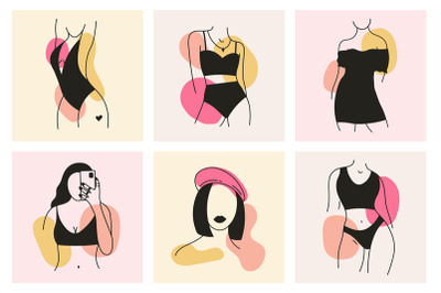 Female body elements cards. Minimalist hand drawn woman bodies design