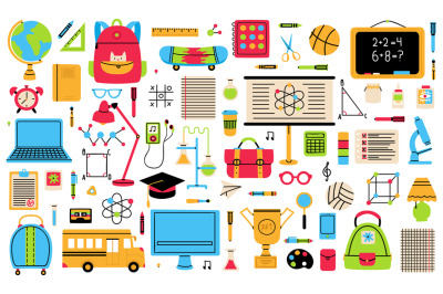 Back to school elements. School hand drawn symbols, globe, school bus,