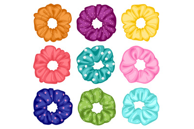 Hair scrunchies. Cartoon elastic hairdo bands, textile elastic rings,