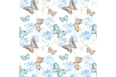 Butterflies and forget-me-nots watercolor seamless pattern. Insects