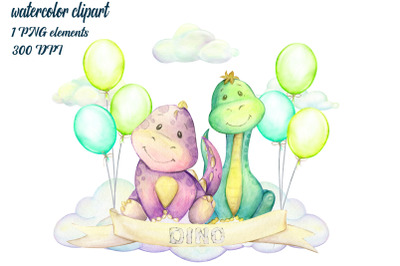 Dinosaurs, watercolor animals, Cute dino clipart, PNG digital illustra