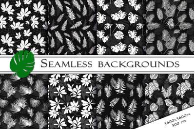 Seamless patterns with tropical leaves.