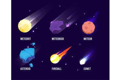 Space objects. Glowing universe astronomy set meteor asteroid vector c