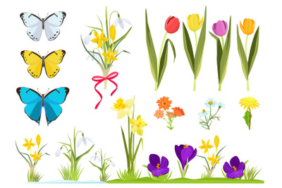 Cartoon flowers. Spring plants gardening set chamomile and tulips gras