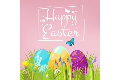 Easter background. Eggs on grass with spring flowers festive happy eas