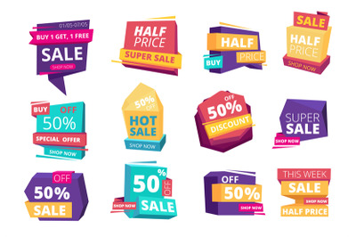 Half price emblem. Mega sale promotional advertizing badges special of