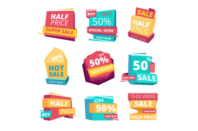 Half price badges. Advertizing sale banners tags and promo labels vect