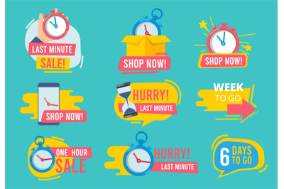 Hot offer badges. Countdown promotional deals 24 hour sales vector adv