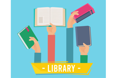 Hands with books. Library persons holding opening books vector concept