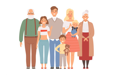 Happy family. Mother father kids and grandparents standing together ve