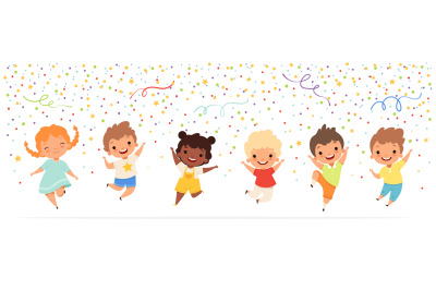 Kids anniversary. Happy childrens jumping in confetti stars celebratio