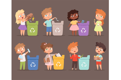 Garbage recycling. Kids protect environment ecology concept save natur