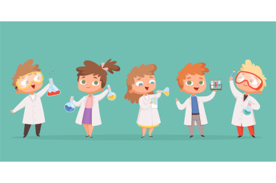 Chemistry kids. Science children school characters in lab vector carto