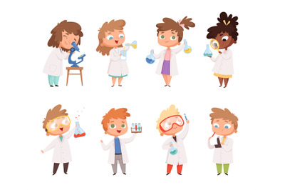 Science kids. Childrens in chemistry lab boys and little girls vector