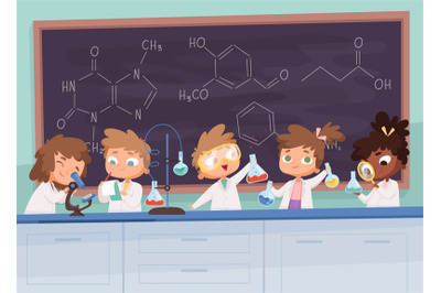 Chemistry lab. Science boy and girls teenager learning research proces