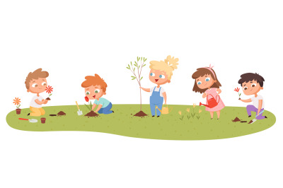 Children planting. Eco green protection kids gardening natural plants