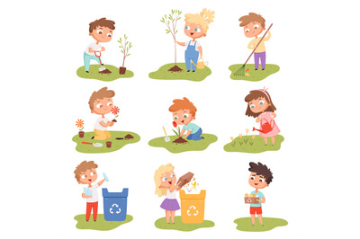 Kids planting. Happy children gardening digging picking plants eco wea