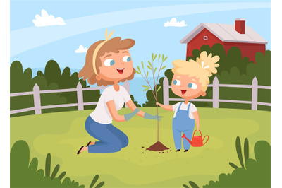 Adults help planting. Kids with parents planting tree eco environment