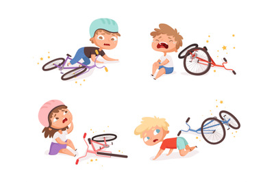 Bike accident. Kids fallen damaged bicycle broken transport children a