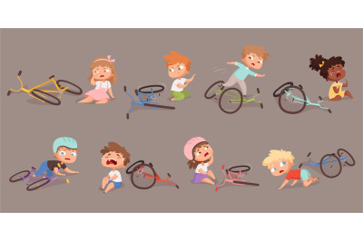 Broken bicycle. Kids fallen from bike unhappy childrens vector acciden