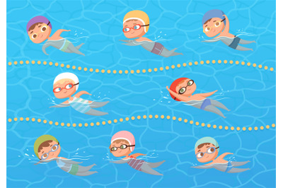 Kids in water pool. Children sport education swimming lesson vector ca