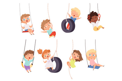 Swing rides. Gymnastic exercise of childrens on rope amusement attract