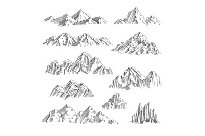 Mountains sketch. Outdoor wild nature rocks and mountains collection v