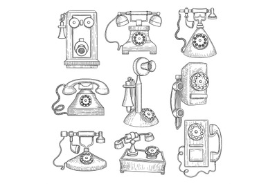 Retro telephone. Old ancient technology gadgets vector hand drawn comm