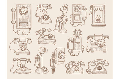 Old telephone. Retro gadgets communication phones vector collection