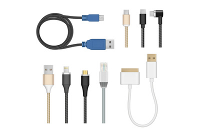 Connection cables. Computer and mobile devices charging cord electric