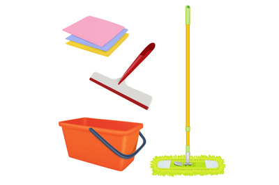 Cleaning service equipment. Bucket brush floor broom washing tools vec