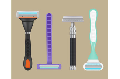 Razors realistic. Woman depilation items shaving razors vector collect