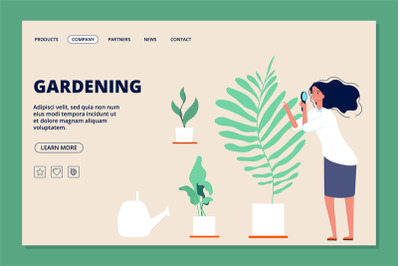 Gardening landing page. Woman and plants, botanical garden or greenhou